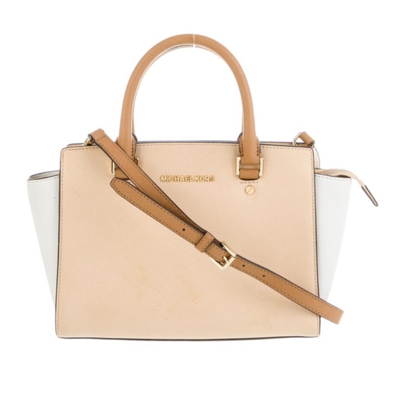 Michael Kors Selma Top Zip Satchel Purse, Tan & White Crossbody - Picture 1 of 11